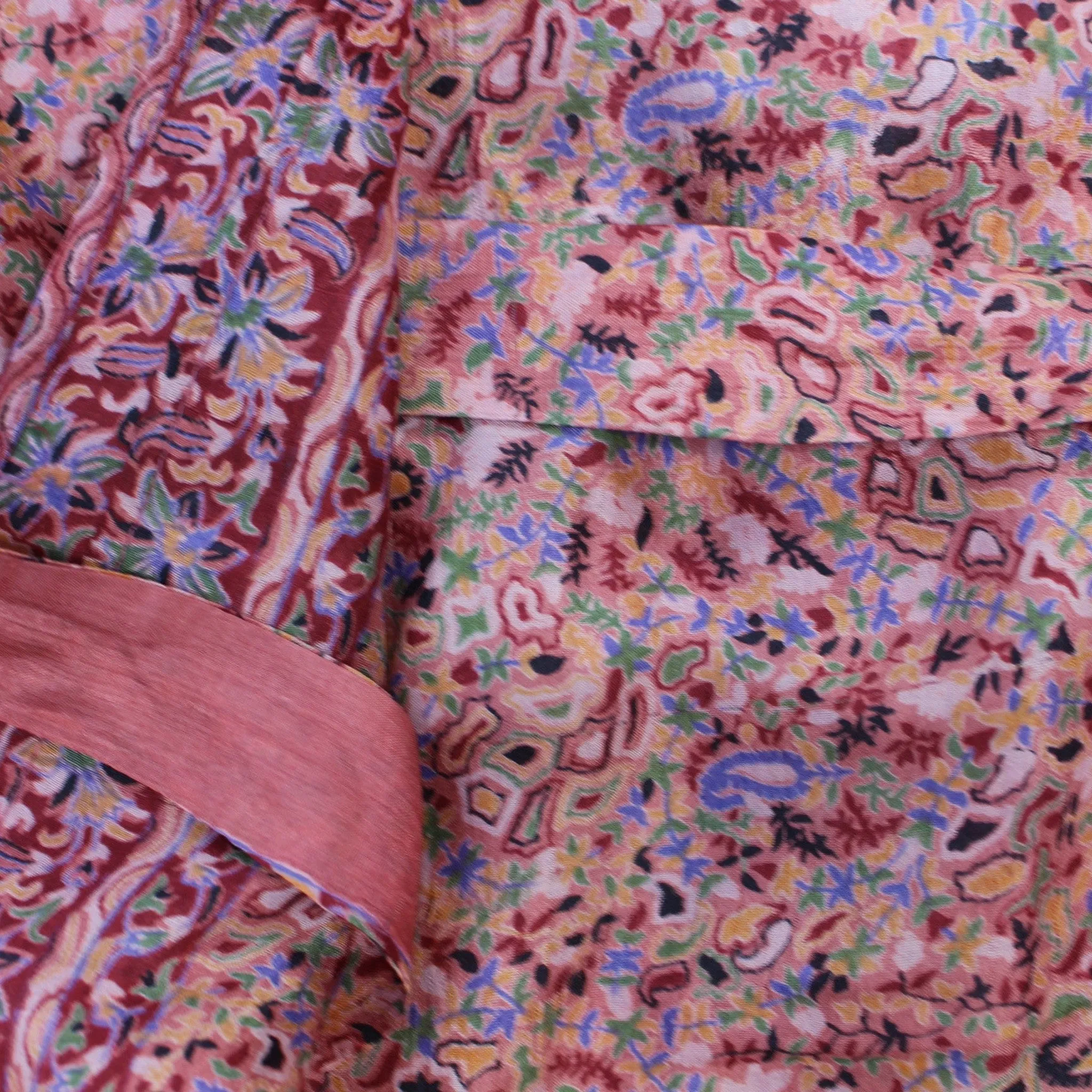Neem - Vintage Silk Sari Saffron Paisley Print Kimono Style Wrap Dress