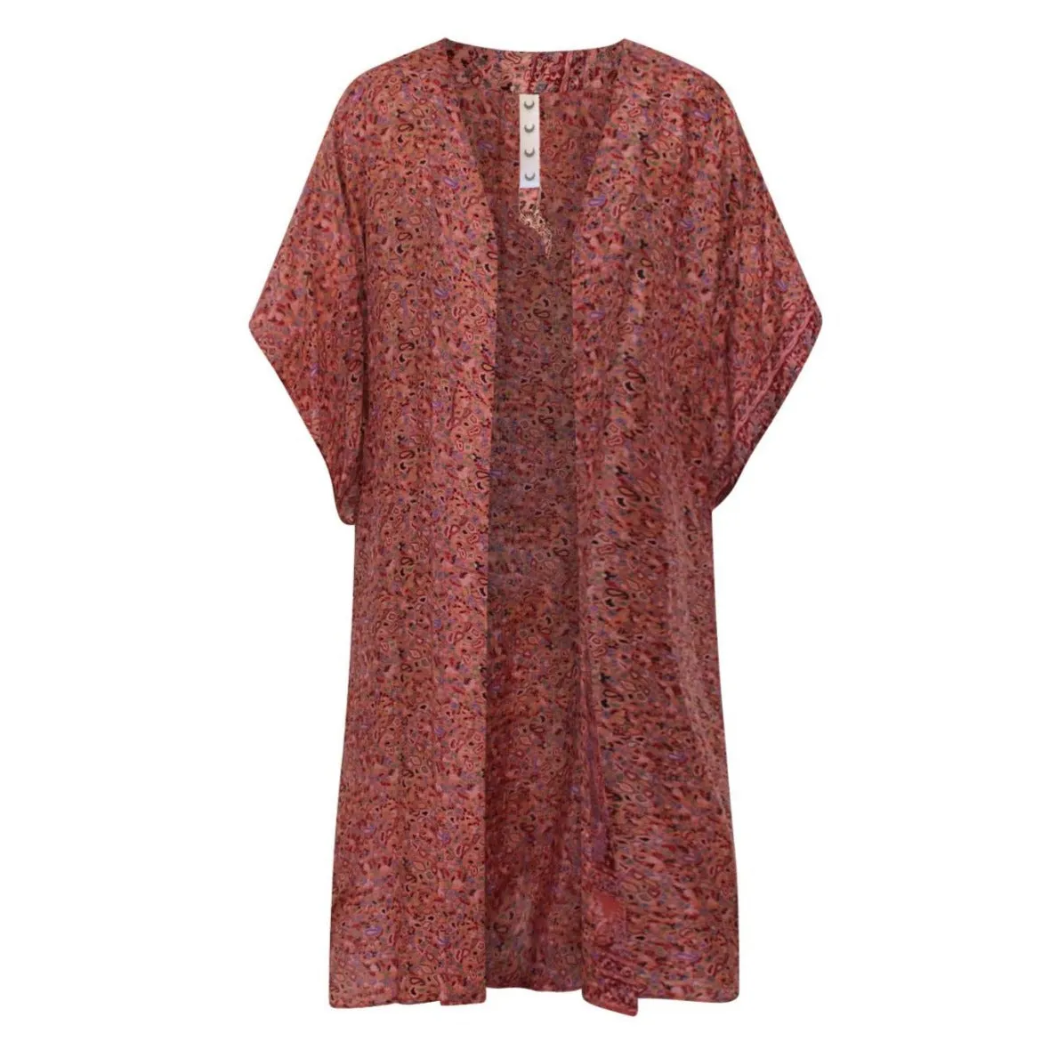 Neem - Vintage Silk Sari Saffron Paisley Print Kimono Style Wrap Dress
