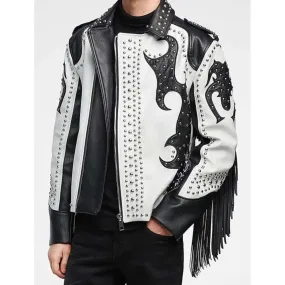 New Men’s Black & White Silver Studded Cowboy Leather Jacket with Fringes