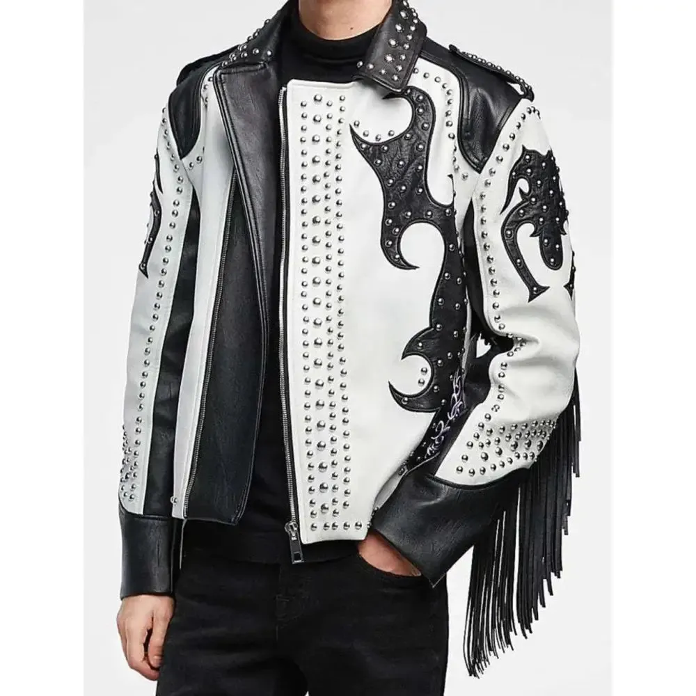 New Men’s Black & White Silver Studded Cowboy Leather Jacket with Fringes