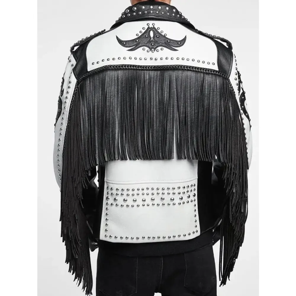 New Men’s Black & White Silver Studded Cowboy Leather Jacket with Fringes