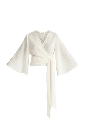 Off White Textured Wrap Kimono Blouse