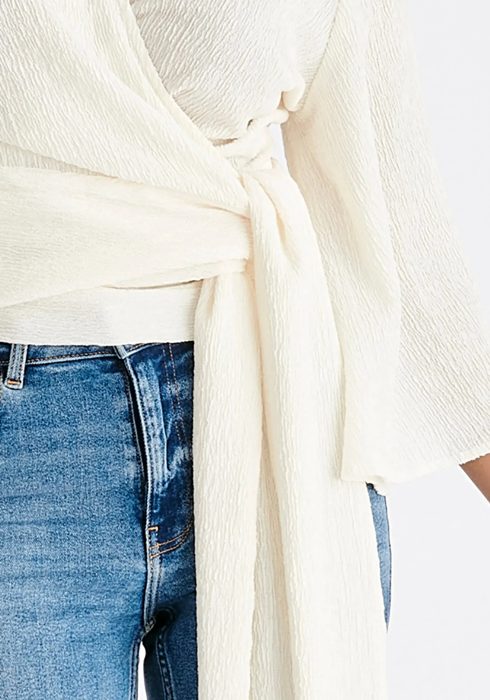 Off White Textured Wrap Kimono Blouse