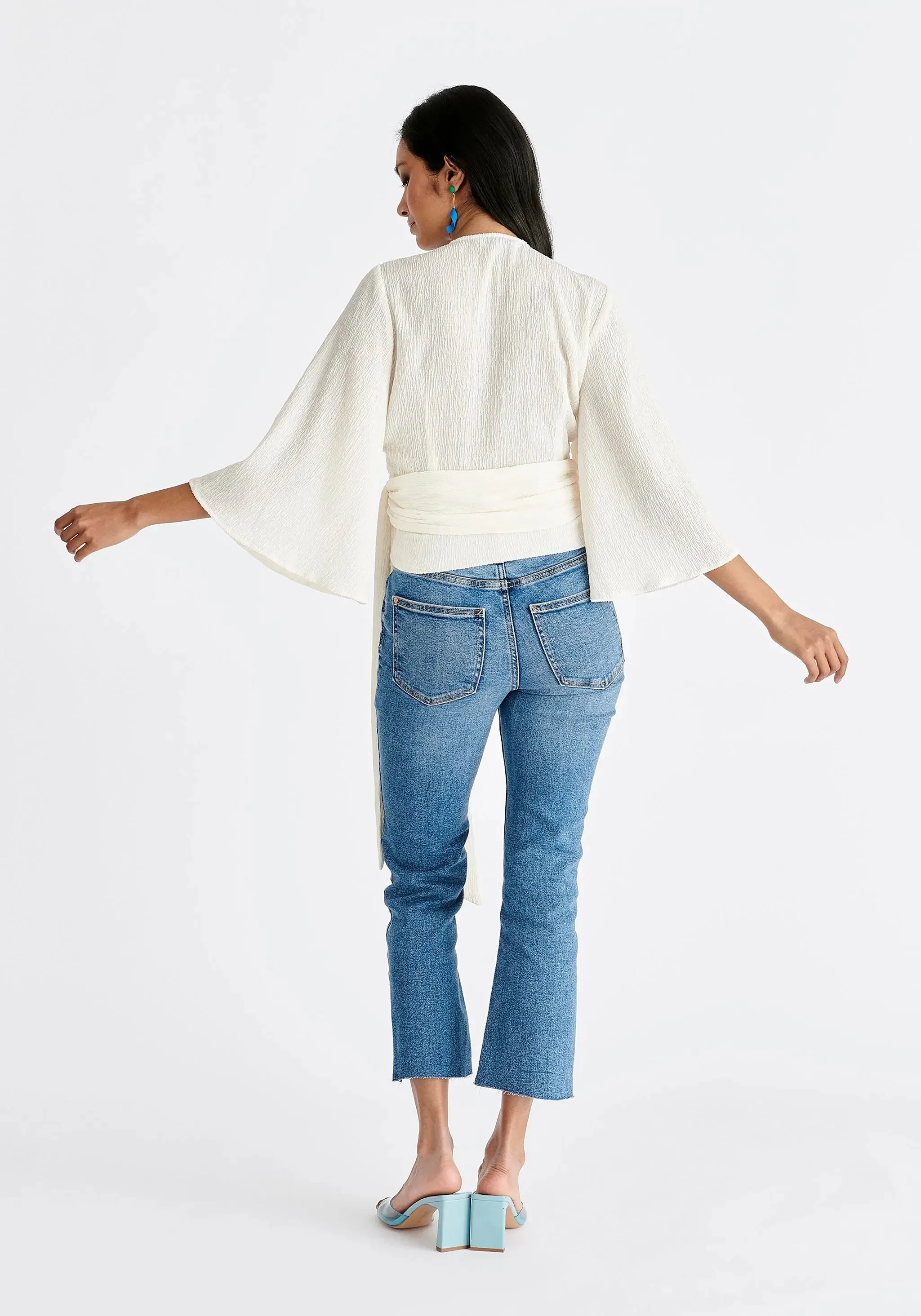Off White Textured Wrap Kimono Blouse