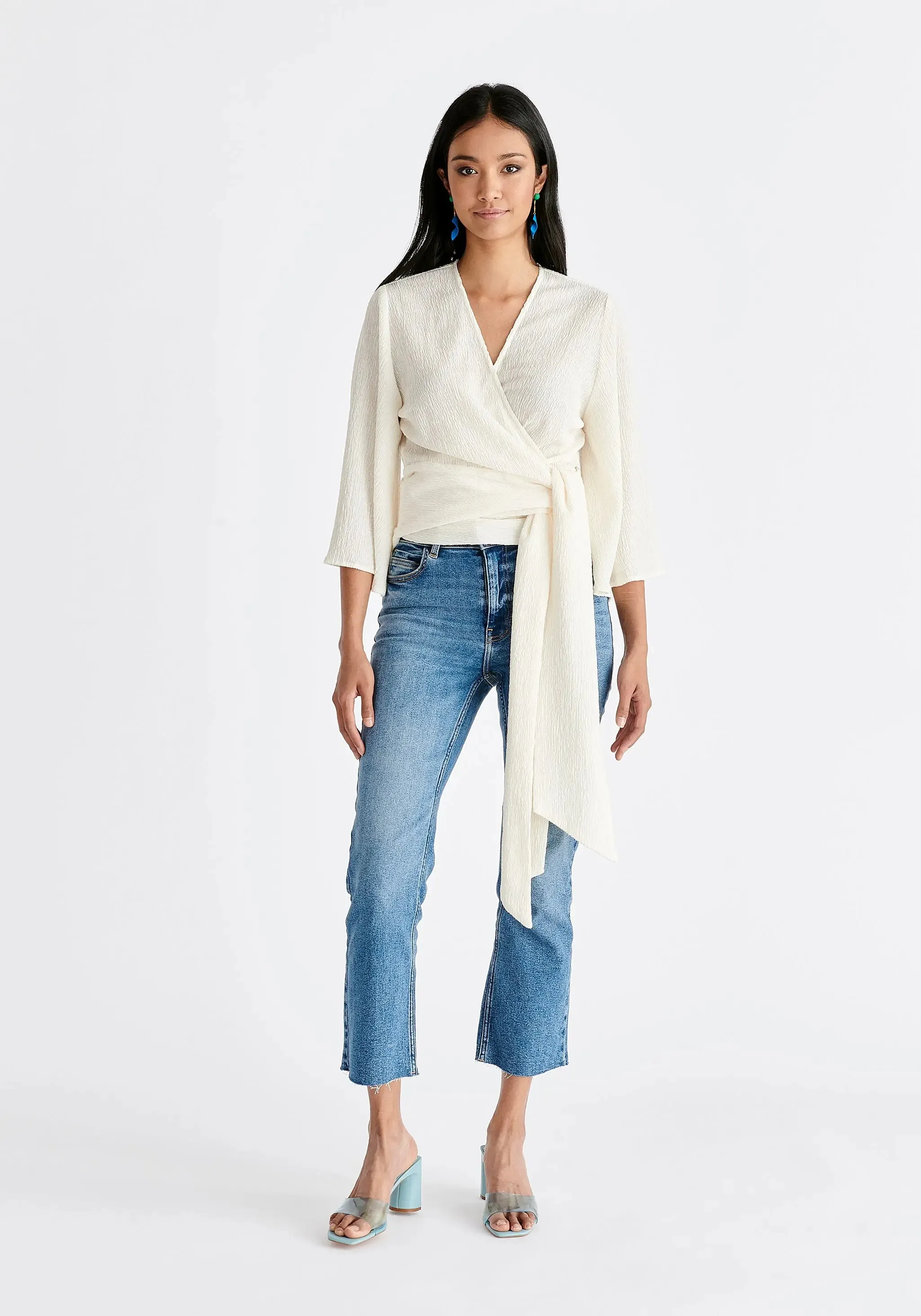 Off White Textured Wrap Kimono Blouse