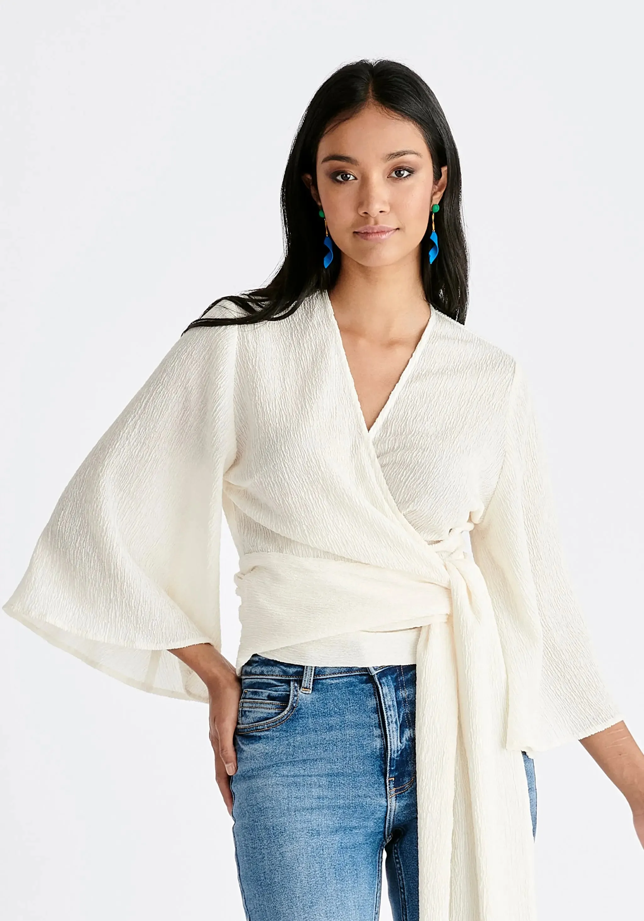 Off White Textured Wrap Kimono Blouse