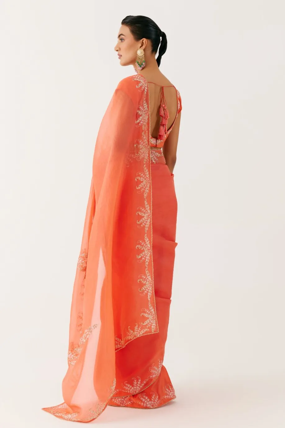 Orange Sequined Organza Saree