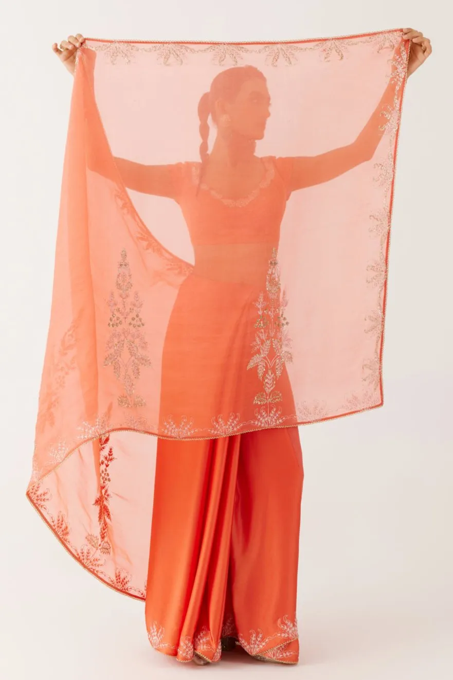 Orange Sequined Organza Saree