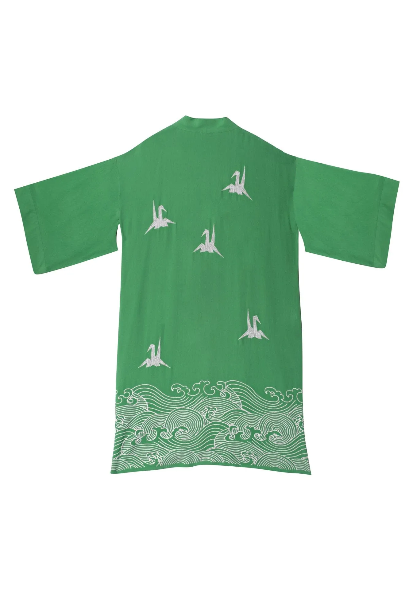 Origami and Hokusai Wave Embroidered Fully Lined Island Green Long Kimono