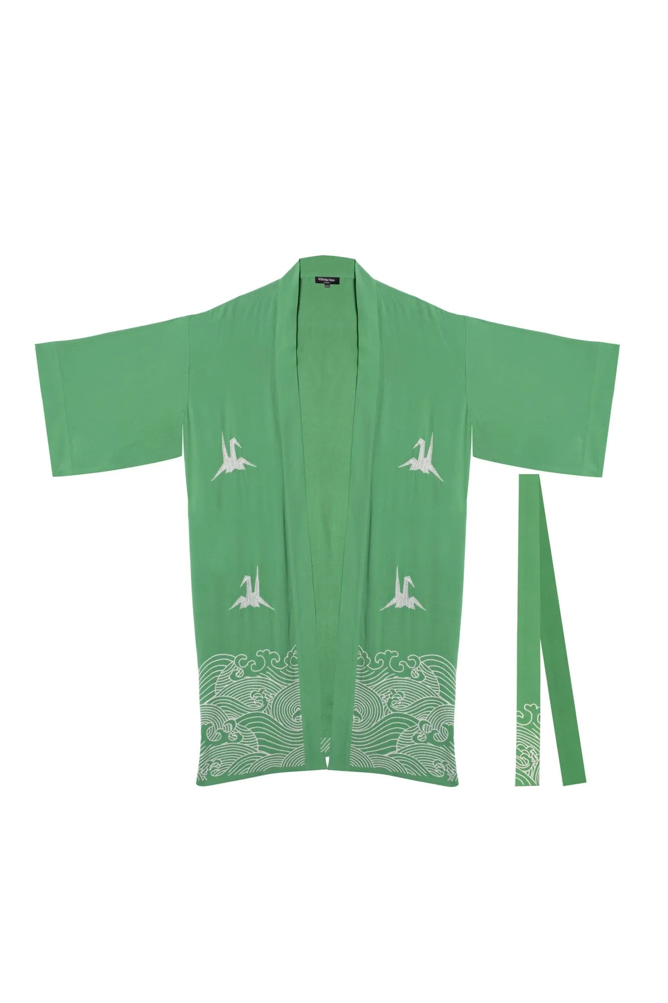 Origami and Hokusai Wave Embroidered Fully Lined Island Green Long Kimono