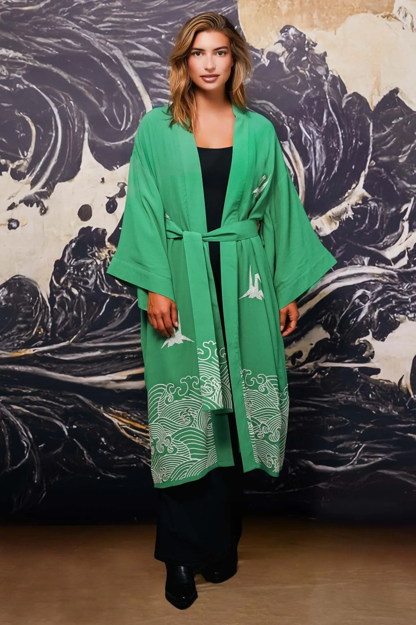 Origami and Hokusai Wave Embroidered Fully Lined Island Green Long Kimono