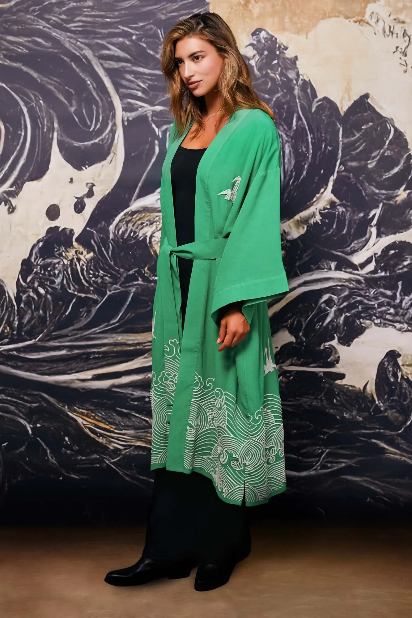 Origami and Hokusai Wave Embroidered Fully Lined Island Green Long Kimono