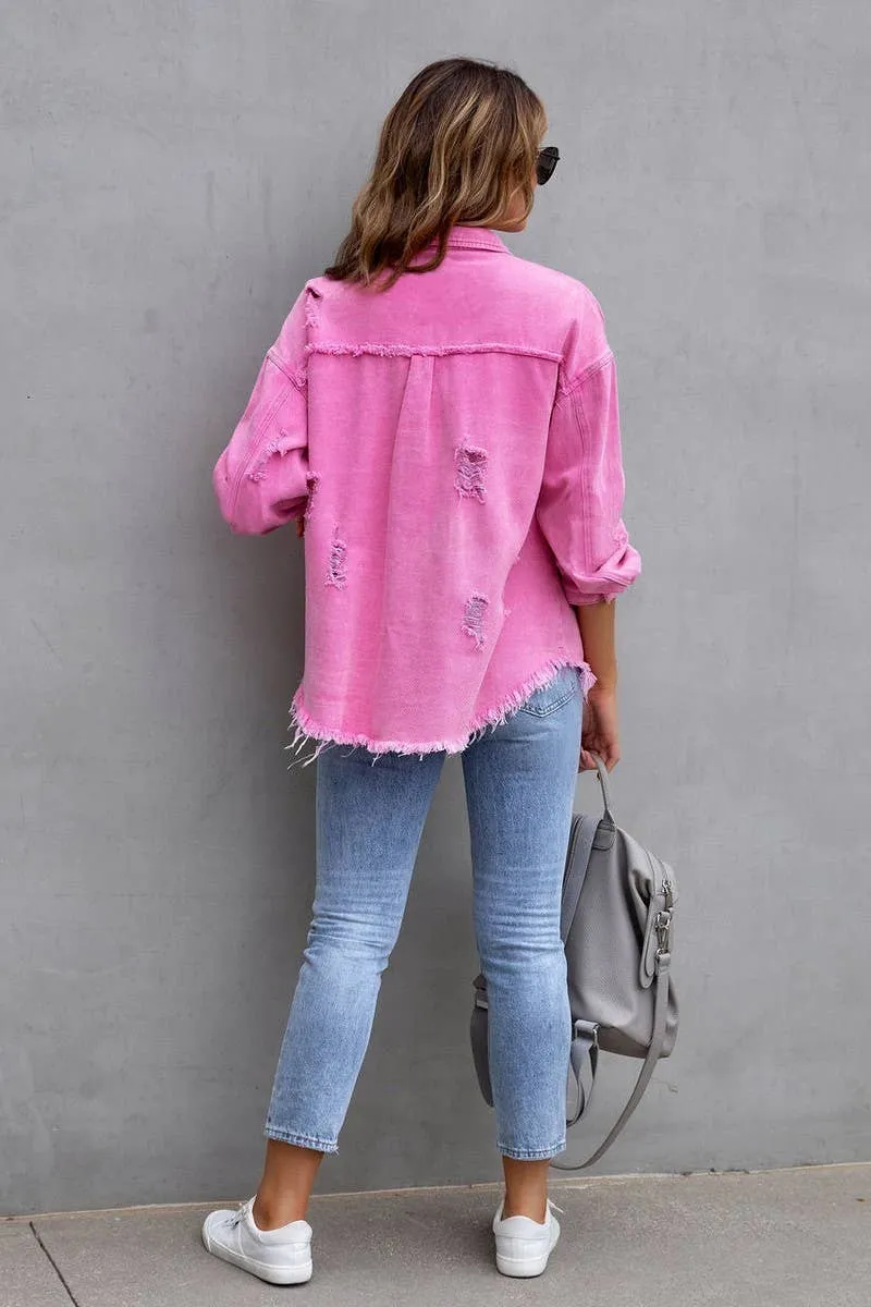 PAISLEY RAW EDGE SOLID COLOR LAPEL DENIM JACKET