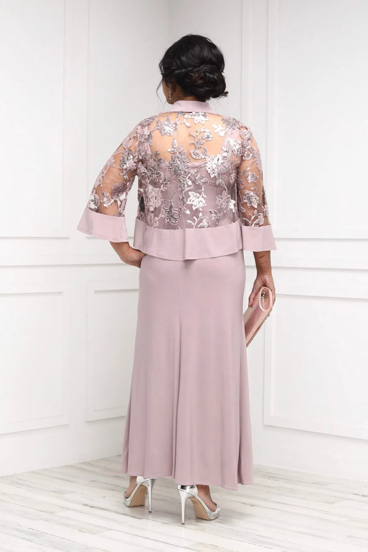 Petite Women's 2 Piece Sequin Lace Jacket Long Dress - Mother of The Bride Jacket Dress
