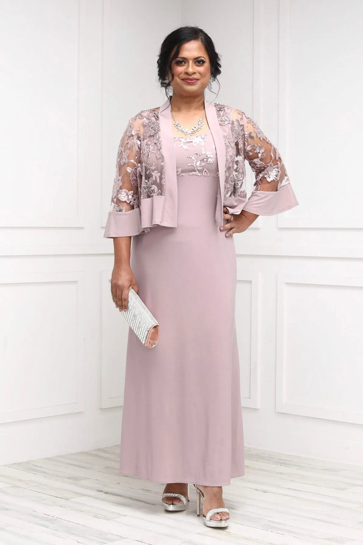 Petite Women's 2 Piece Sequin Lace Jacket Long Dress - Mother of The Bride Jacket Dress