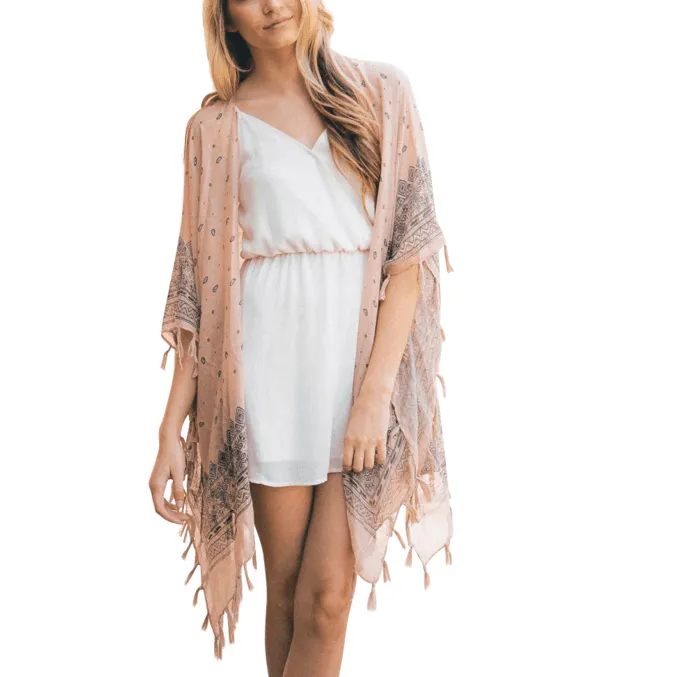 Pink Mix Boho Chic Paisley Border Kimono