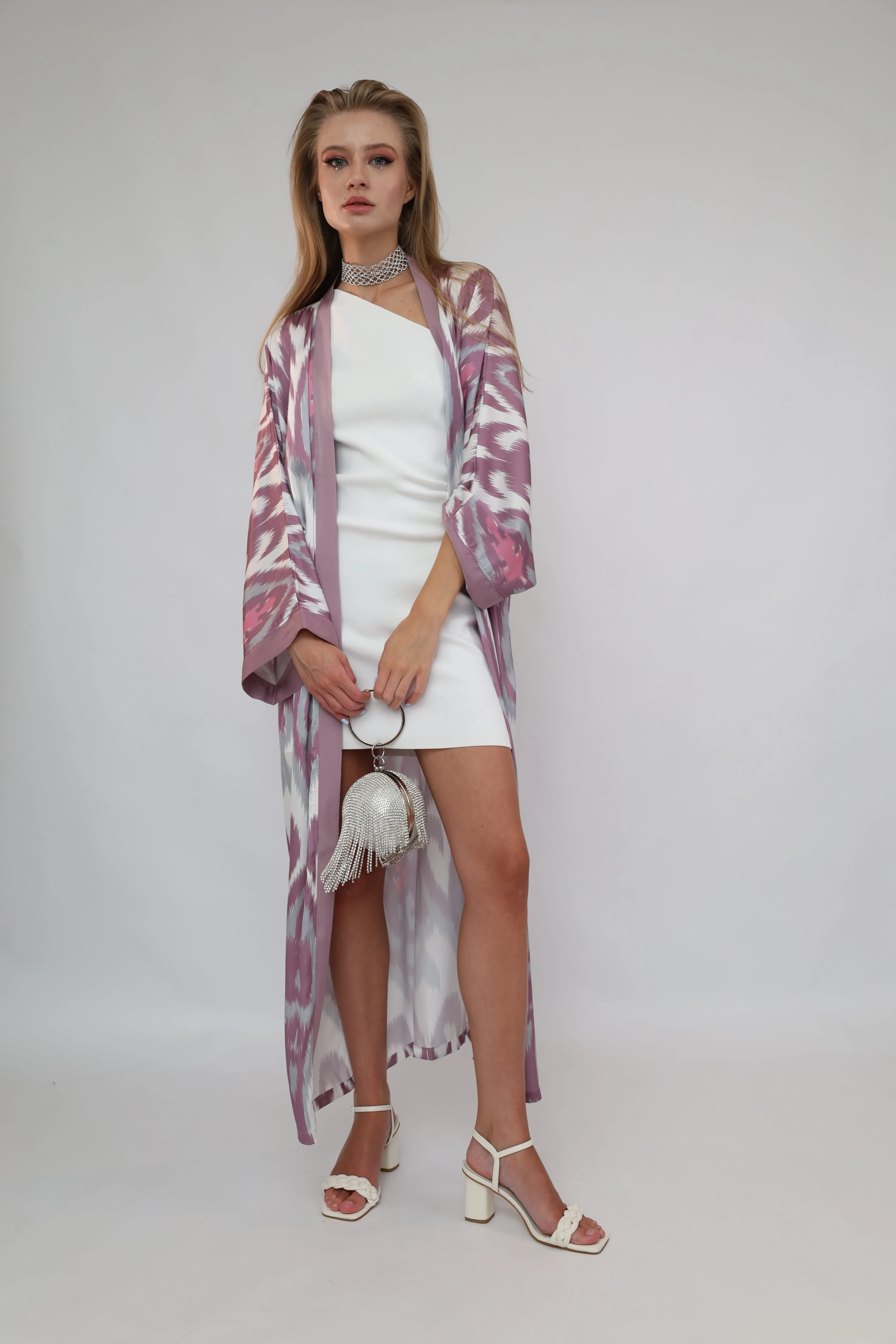 Pink Printed Ikat Lightweight Kimono "Örchid"