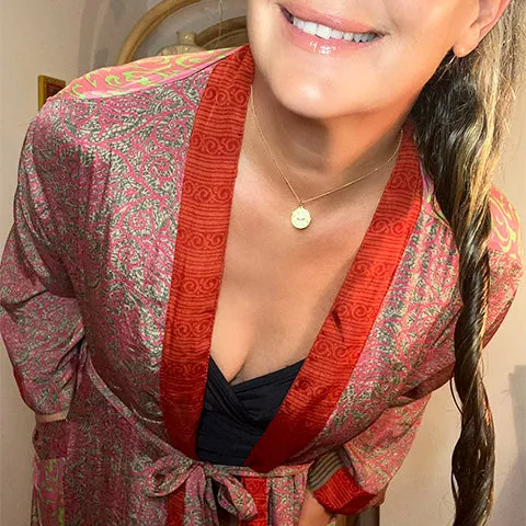 Pink Salmon Lime Silk Kimono