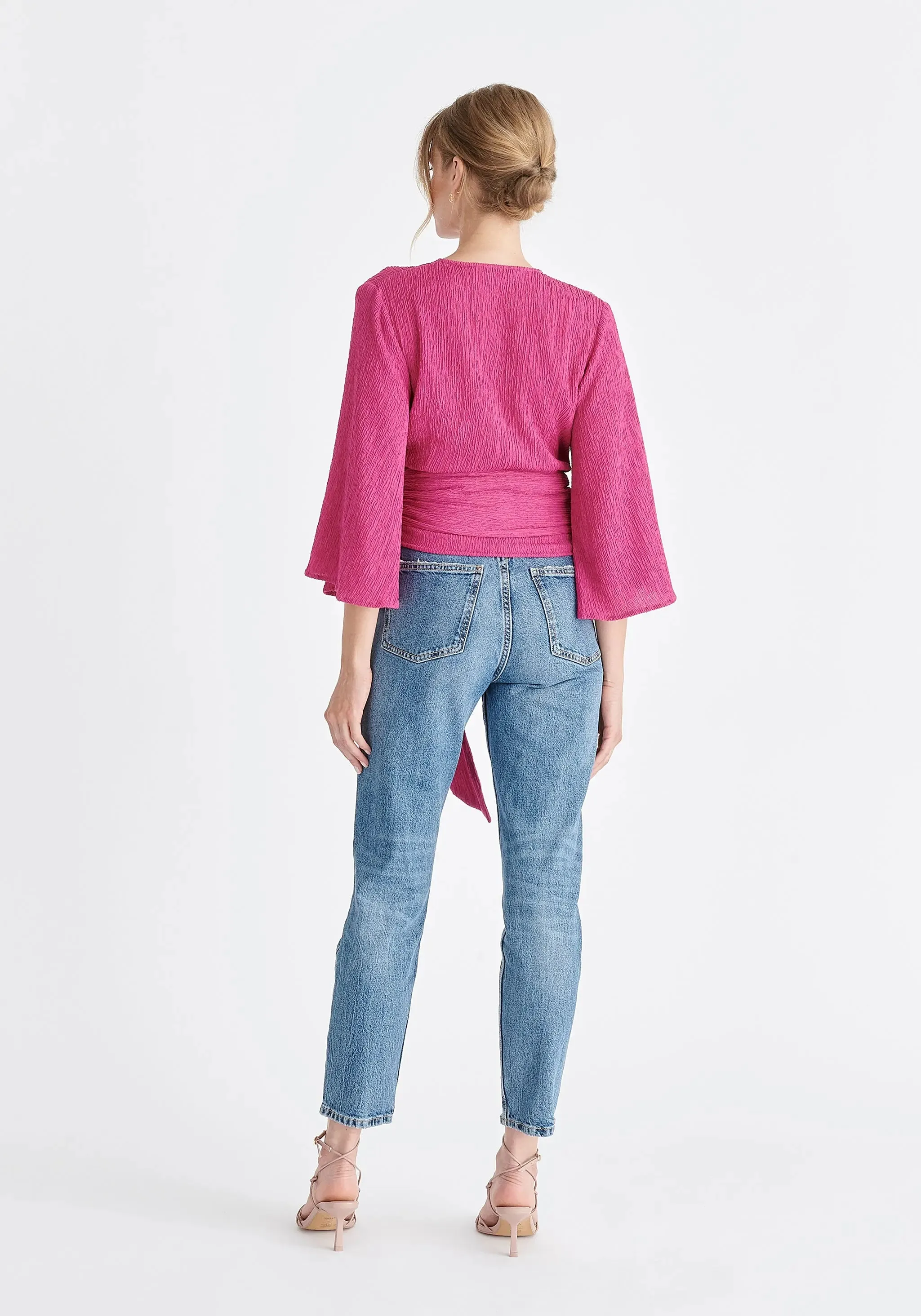 Pink Textured Wrap Kimono Blouse
