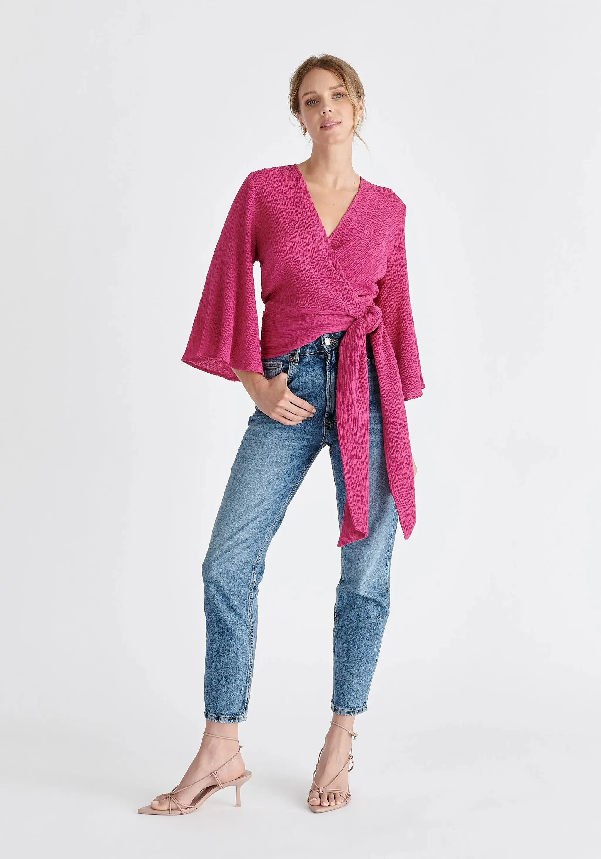 Pink Textured Wrap Kimono Blouse