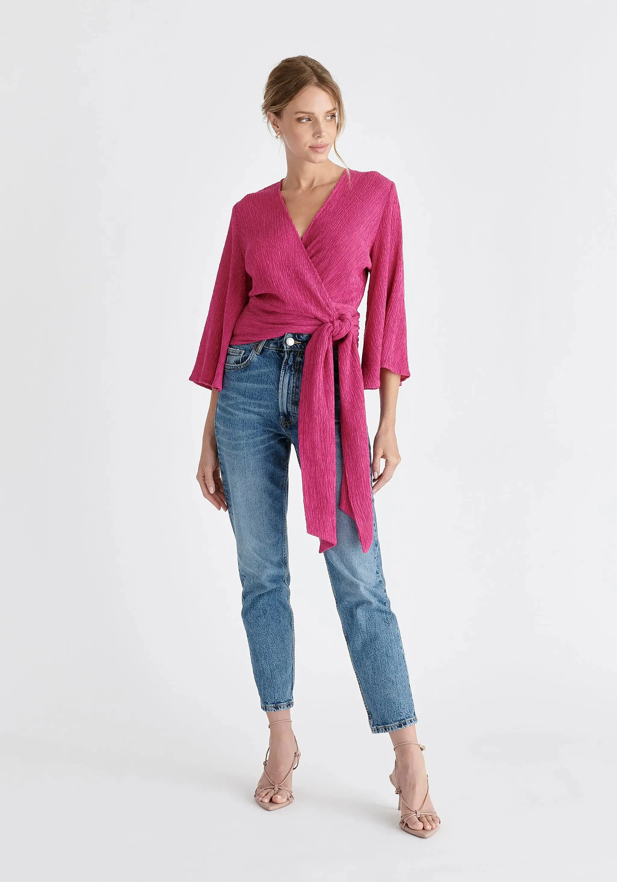 Pink Textured Wrap Kimono Blouse