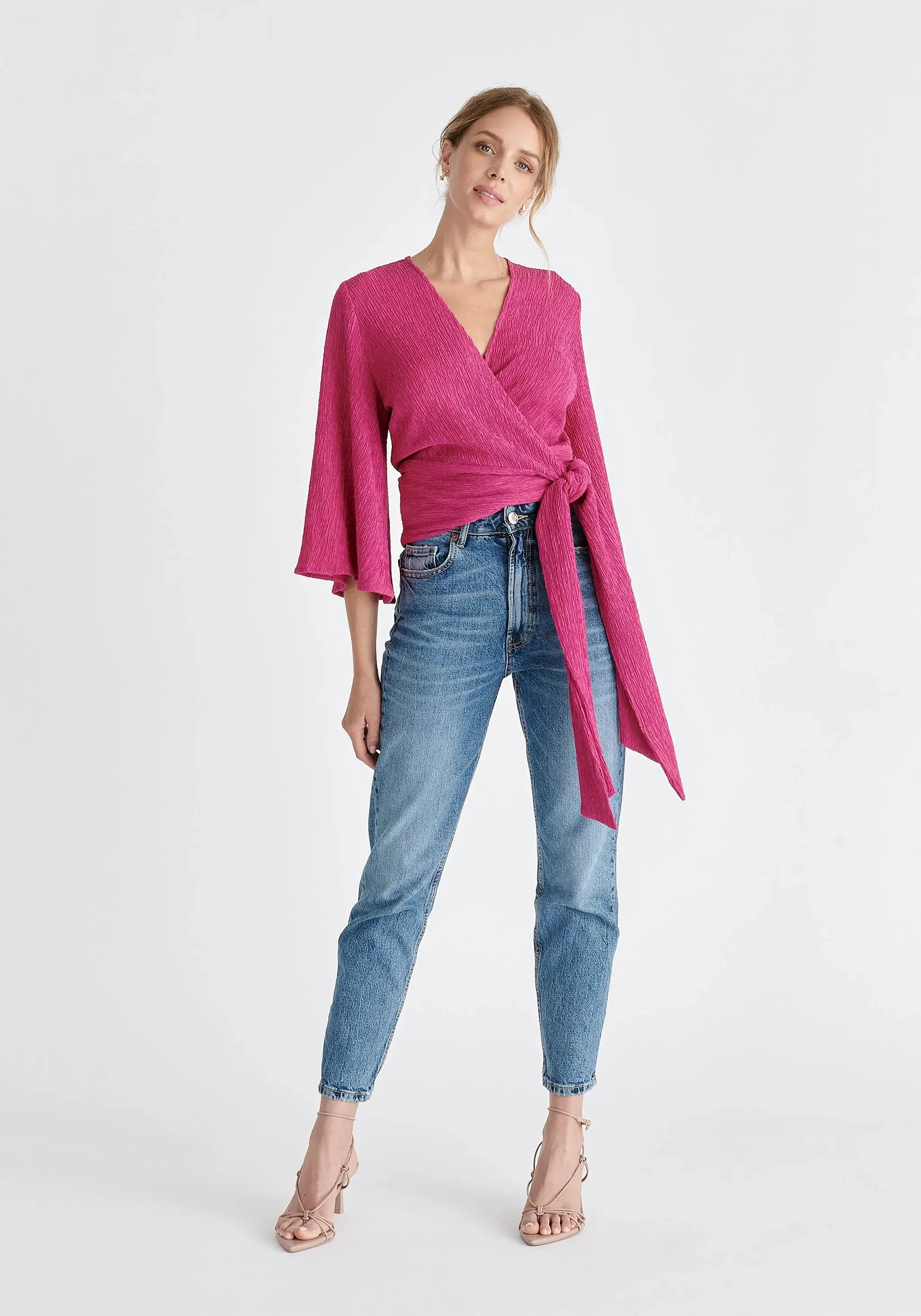 Pink Textured Wrap Kimono Blouse