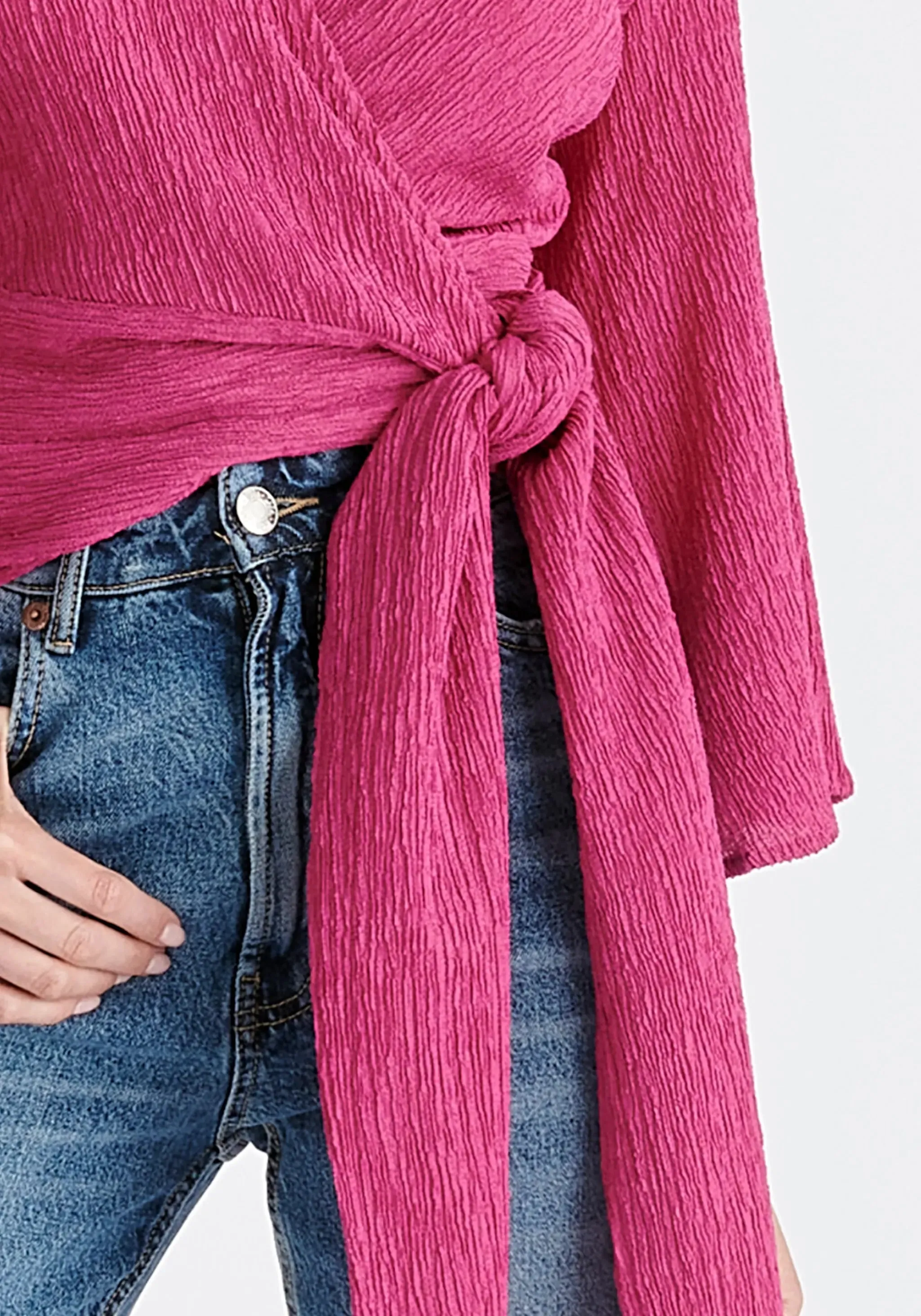 Pink Textured Wrap Kimono Blouse
