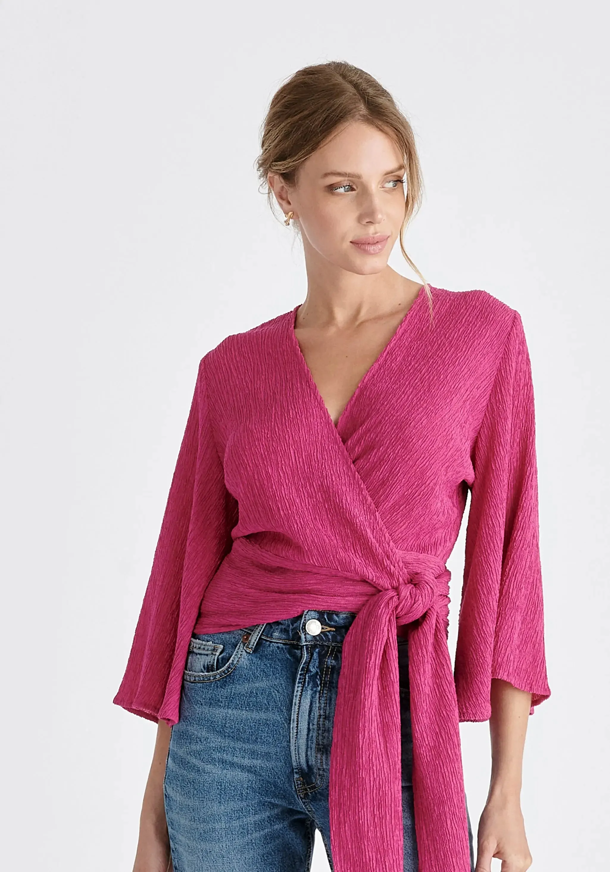 Pink Textured Wrap Kimono Blouse