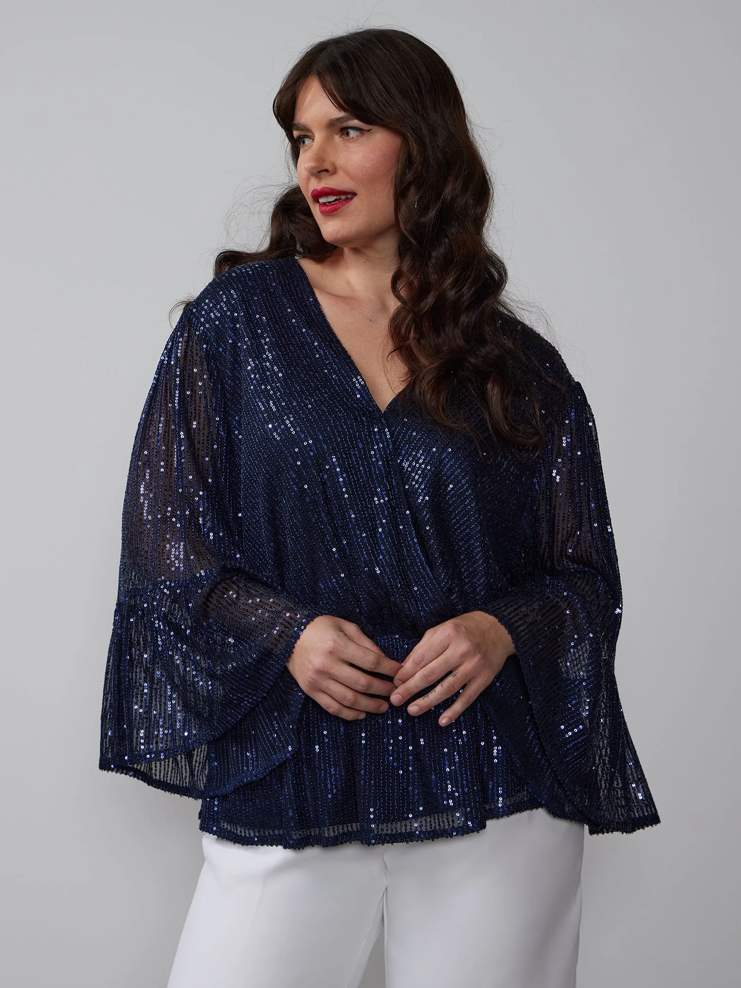 Plus Kimono Bell Sleeve Sequin Top