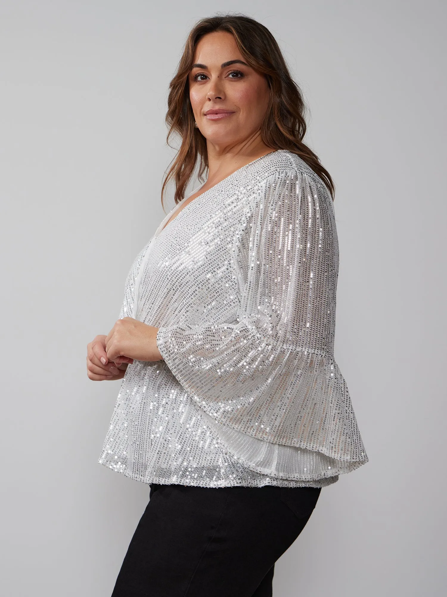 Plus Kimono Bell Sleeve Sequin Top