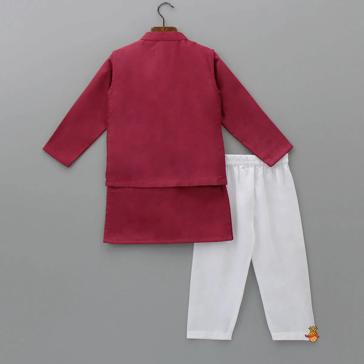 Pre Order: Maroon Ethnic Kurta With Floral Sequins Embroidered Jacket And Pyjama
