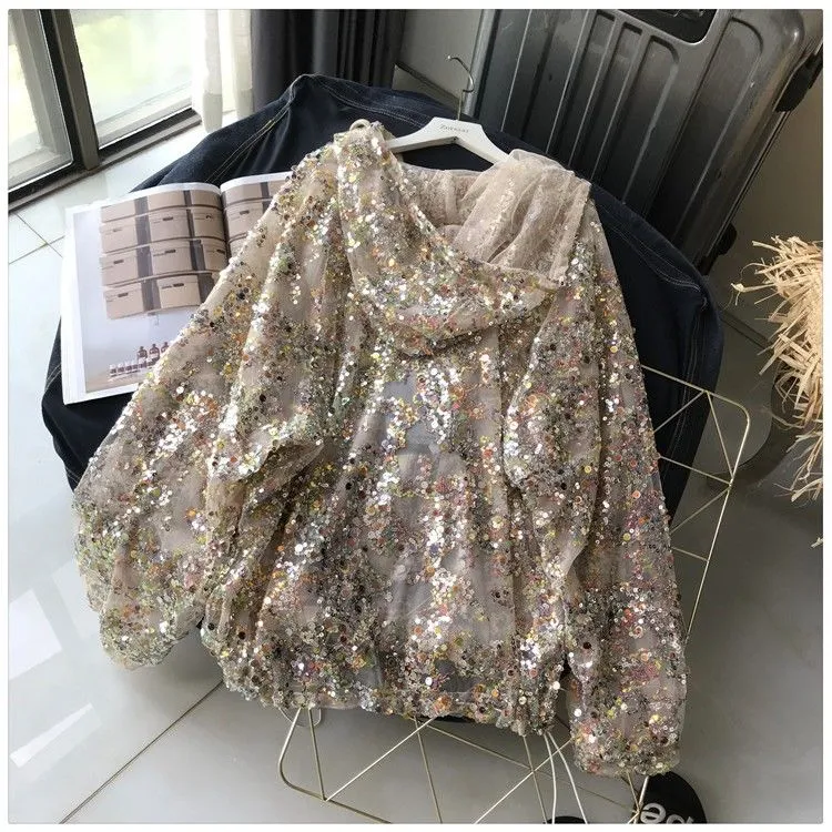 Pre Order:  Sequined Thin Net Hooded Jacket