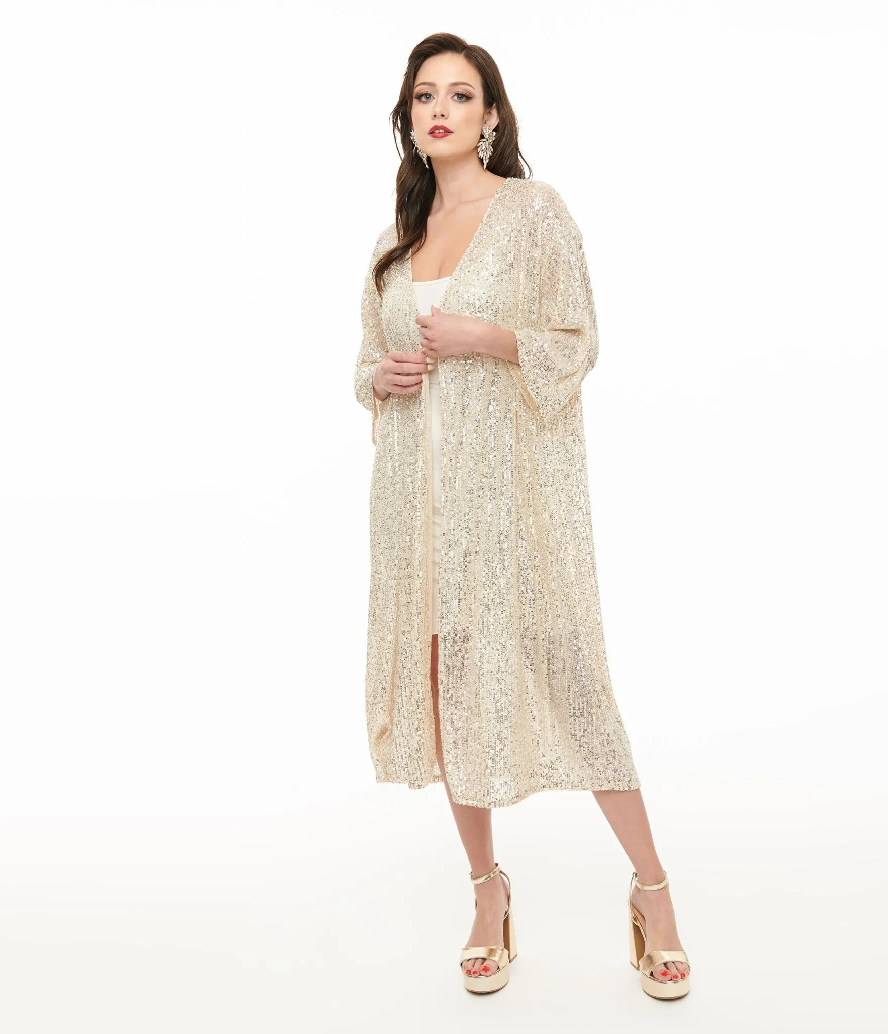 Pretty Attitude Clothing Beige Sequin Kimono