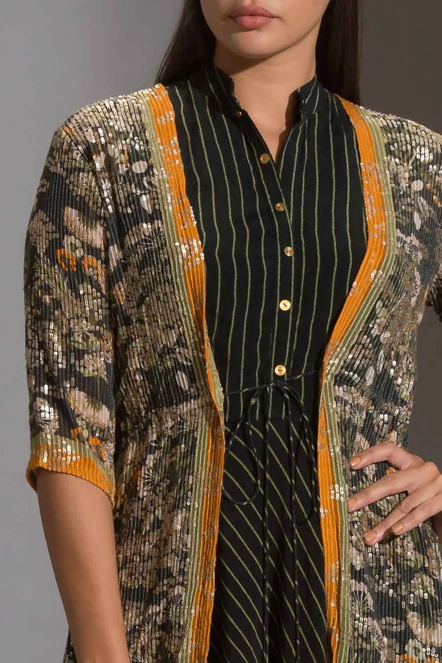 Printed A-Line Dress & Sequin Jacket Set