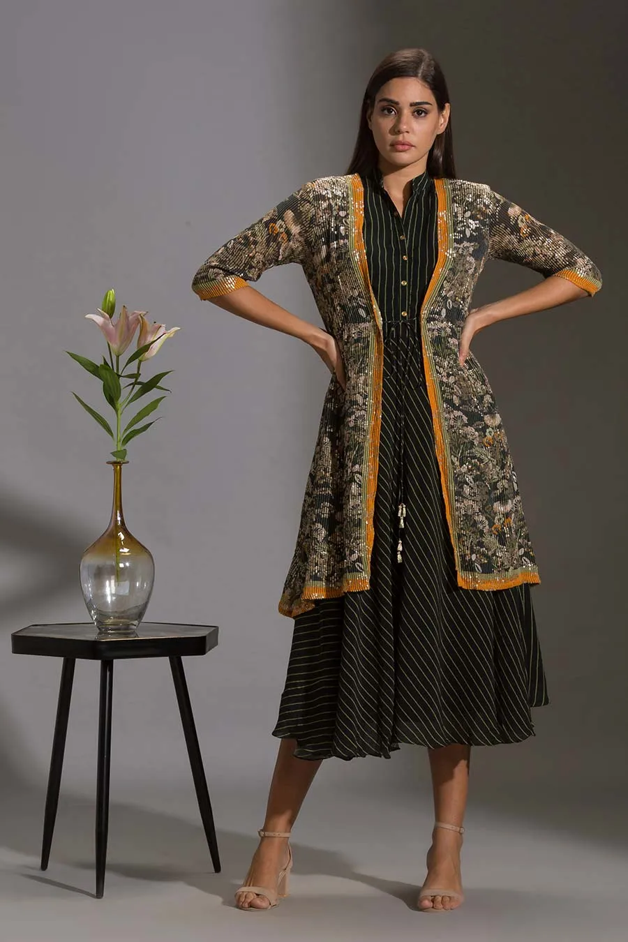 Printed A-Line Dress & Sequin Jacket Set