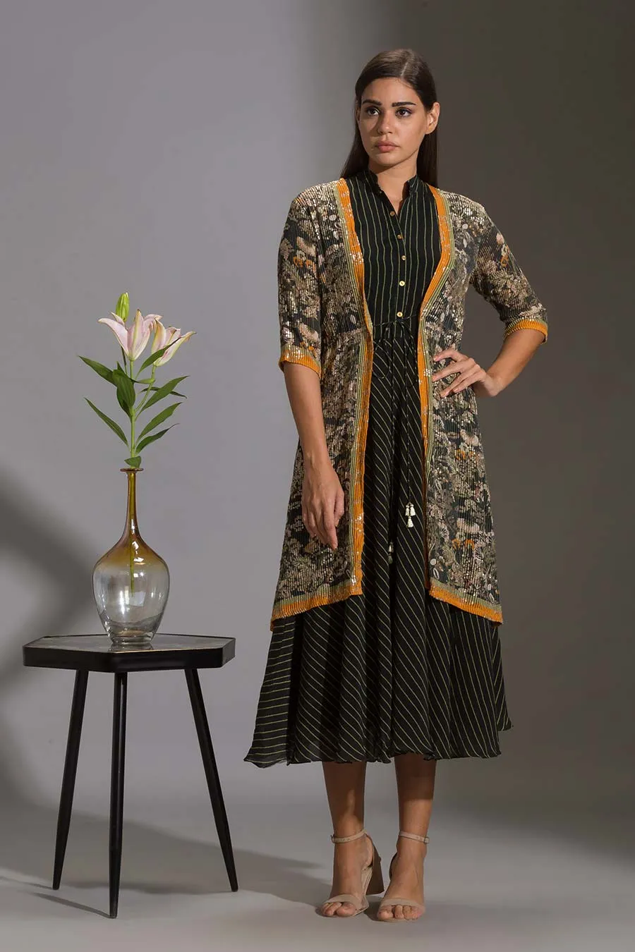 Printed A-Line Dress & Sequin Jacket Set