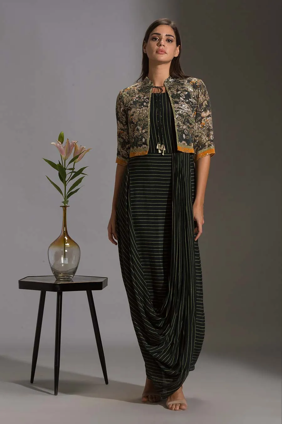 Printed Drape Dress & Sequin Jacket Set