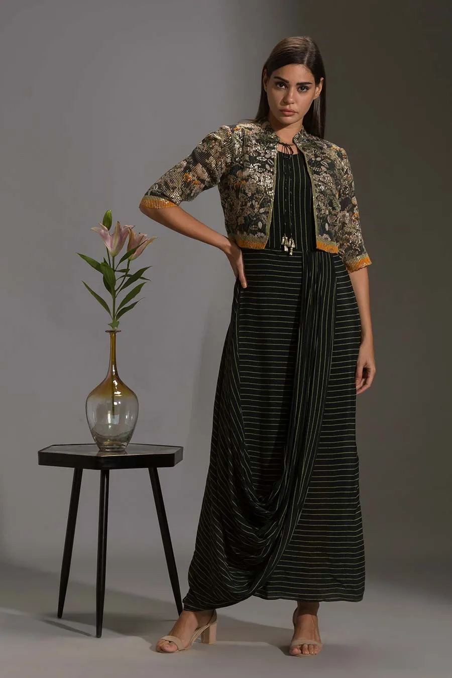Printed Drape Dress & Sequin Jacket Set
