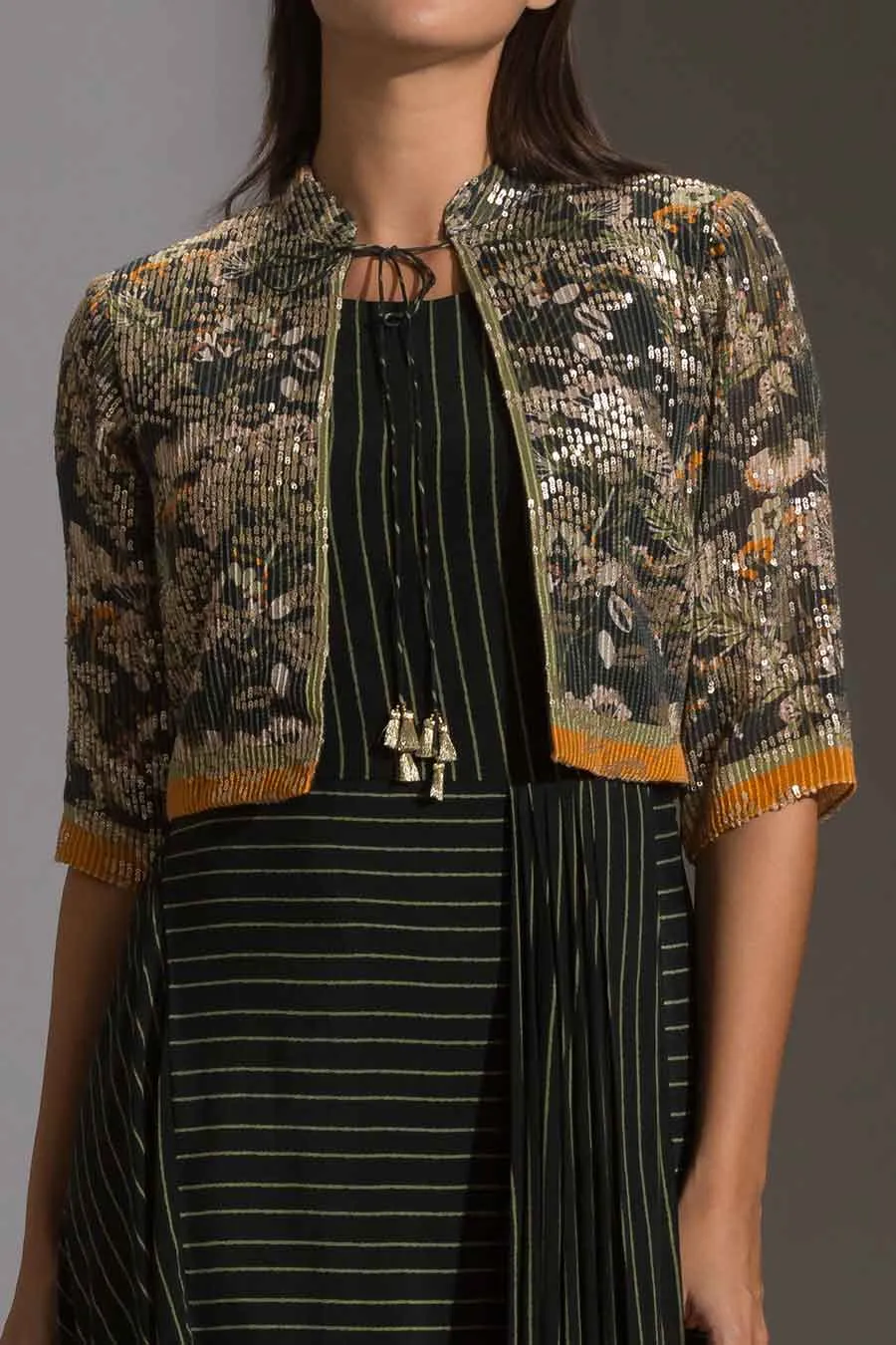 Printed Drape Dress & Sequin Jacket Set