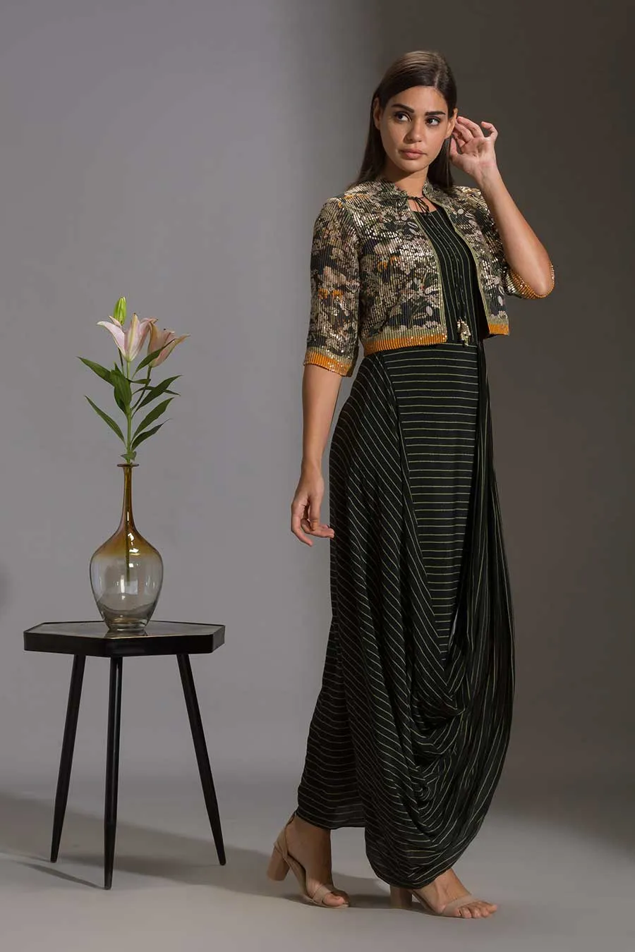 Printed Drape Dress & Sequin Jacket Set