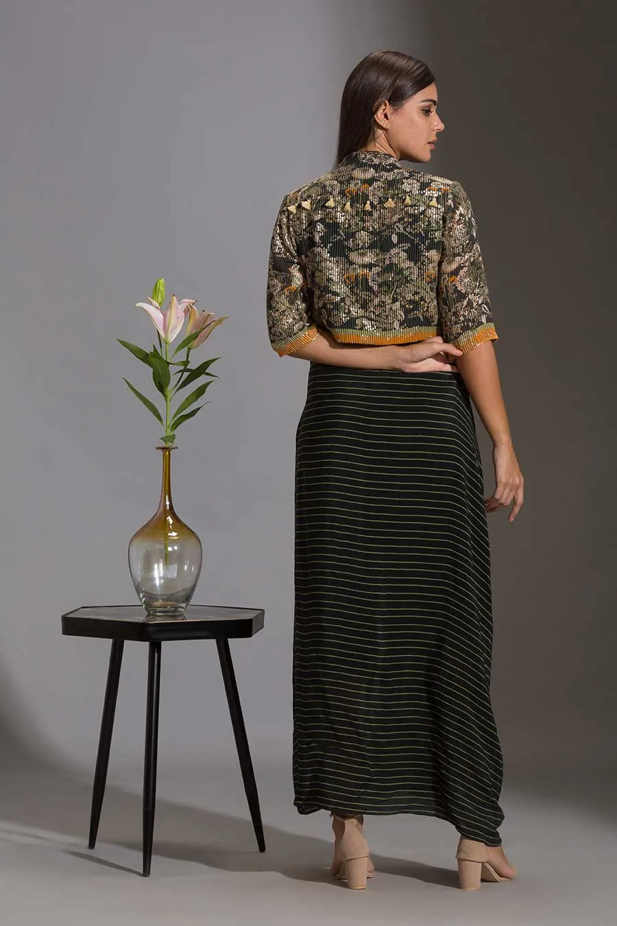 Printed Drape Dress & Sequin Jacket Set