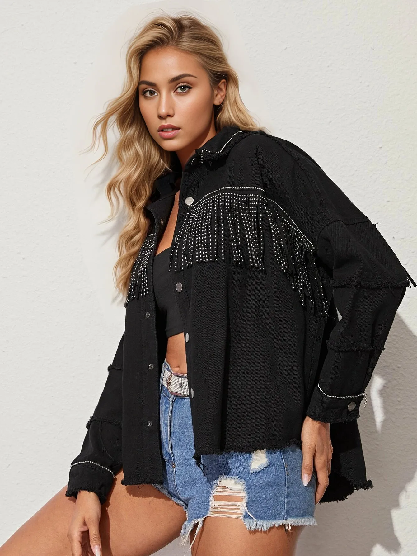 Purpdrank - Sequined Fringed Denim Jacket