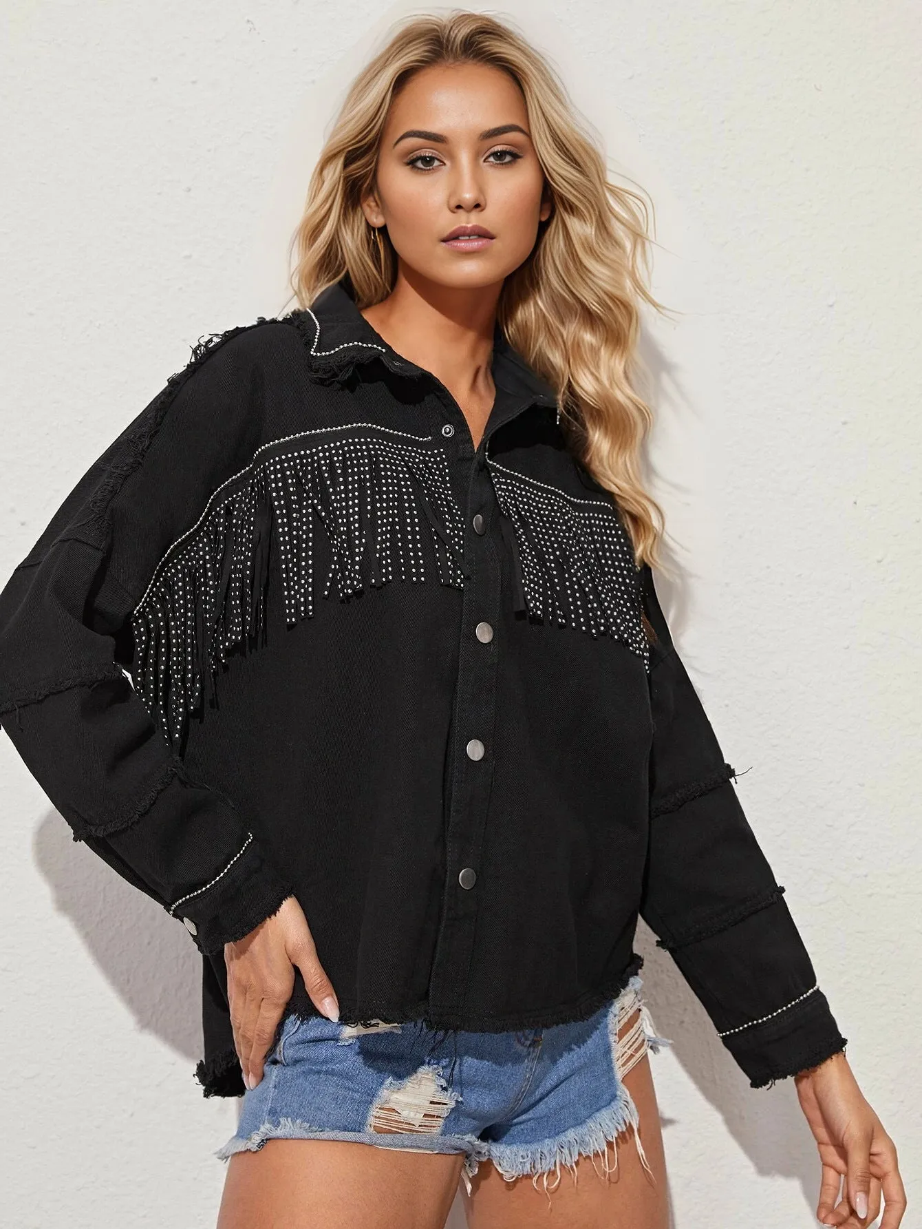 Purpdrank - Sequined Fringed Denim Jacket