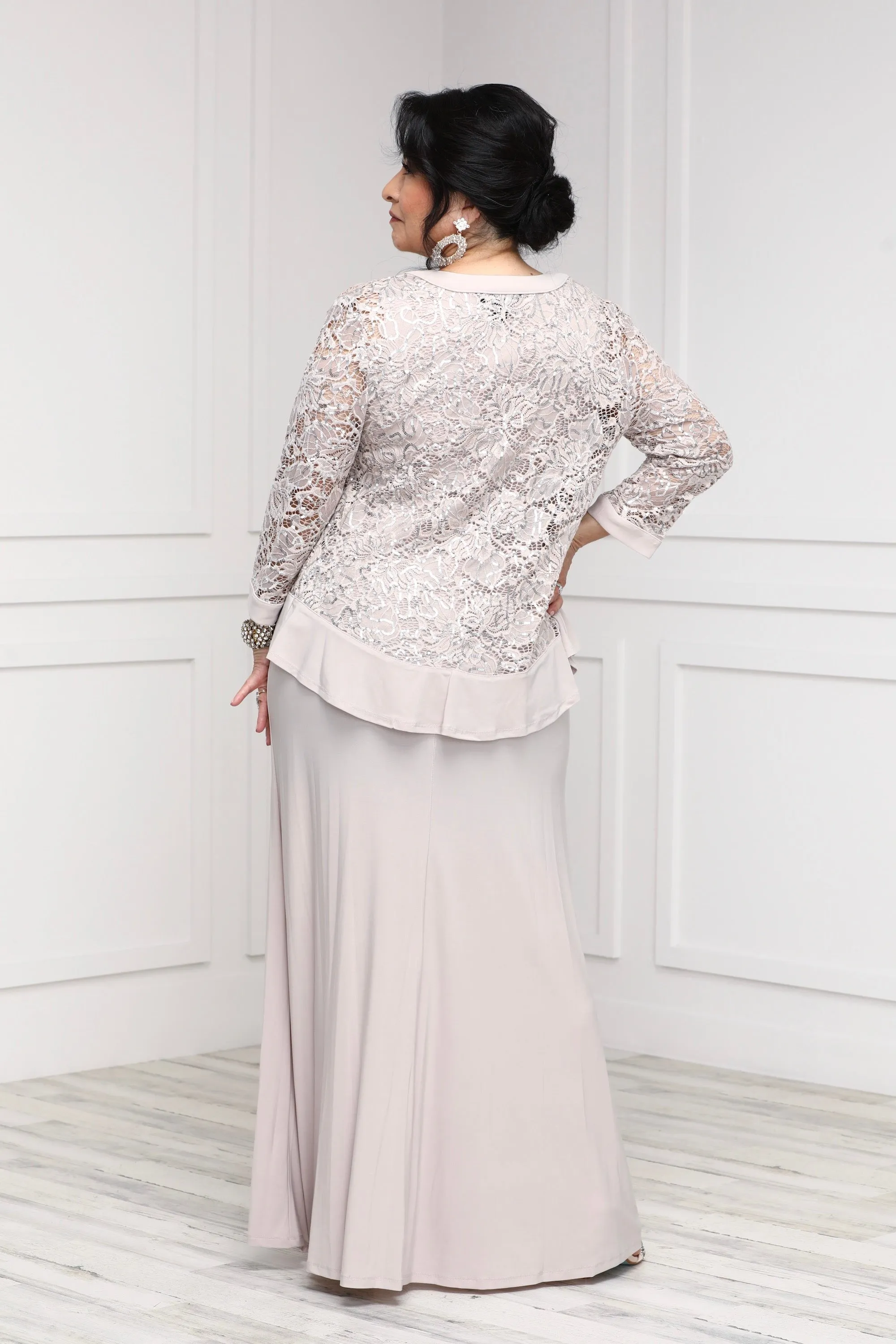 R&M Richards Petite Women's 2 Piece Ruffled Lace Jacket Long Dress