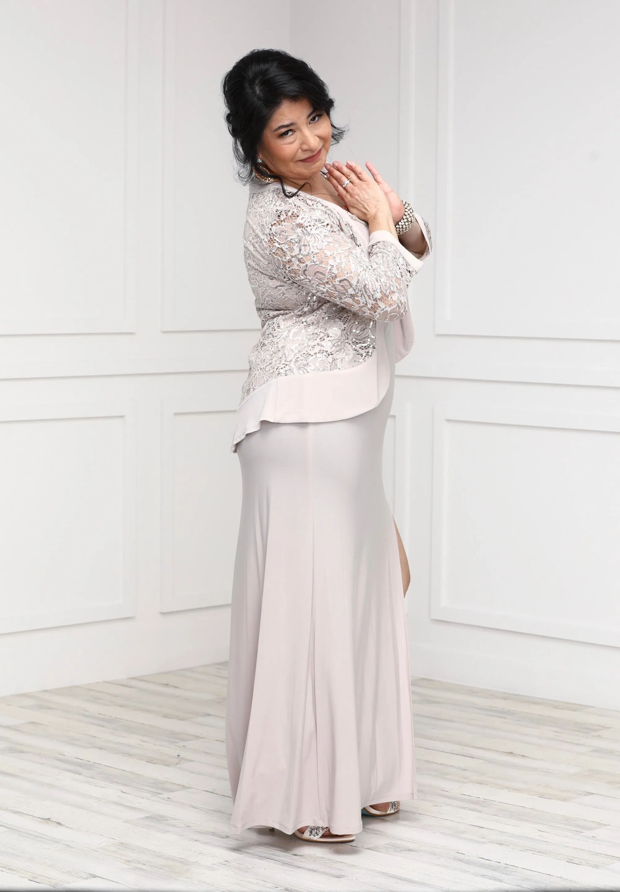 R&M Richards Petite Women's 2 Piece Ruffled Lace Jacket Long Dress