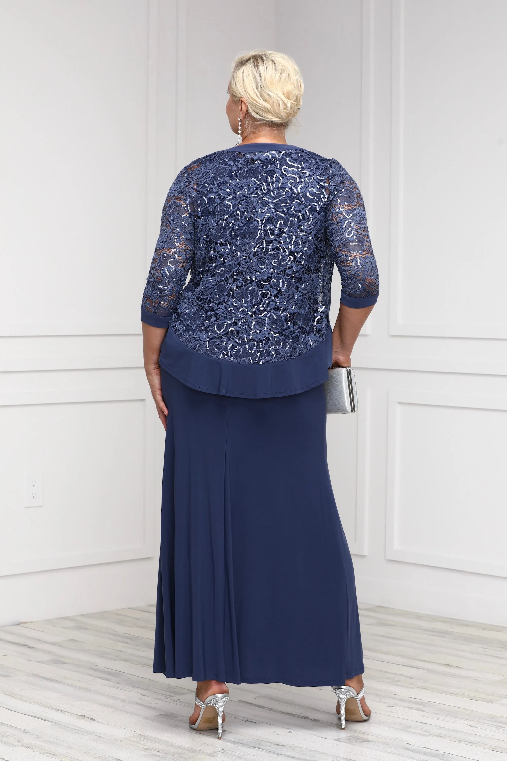 R&M Richards Petite Women's 2 Piece Ruffled Lace Jacket Long Dress
