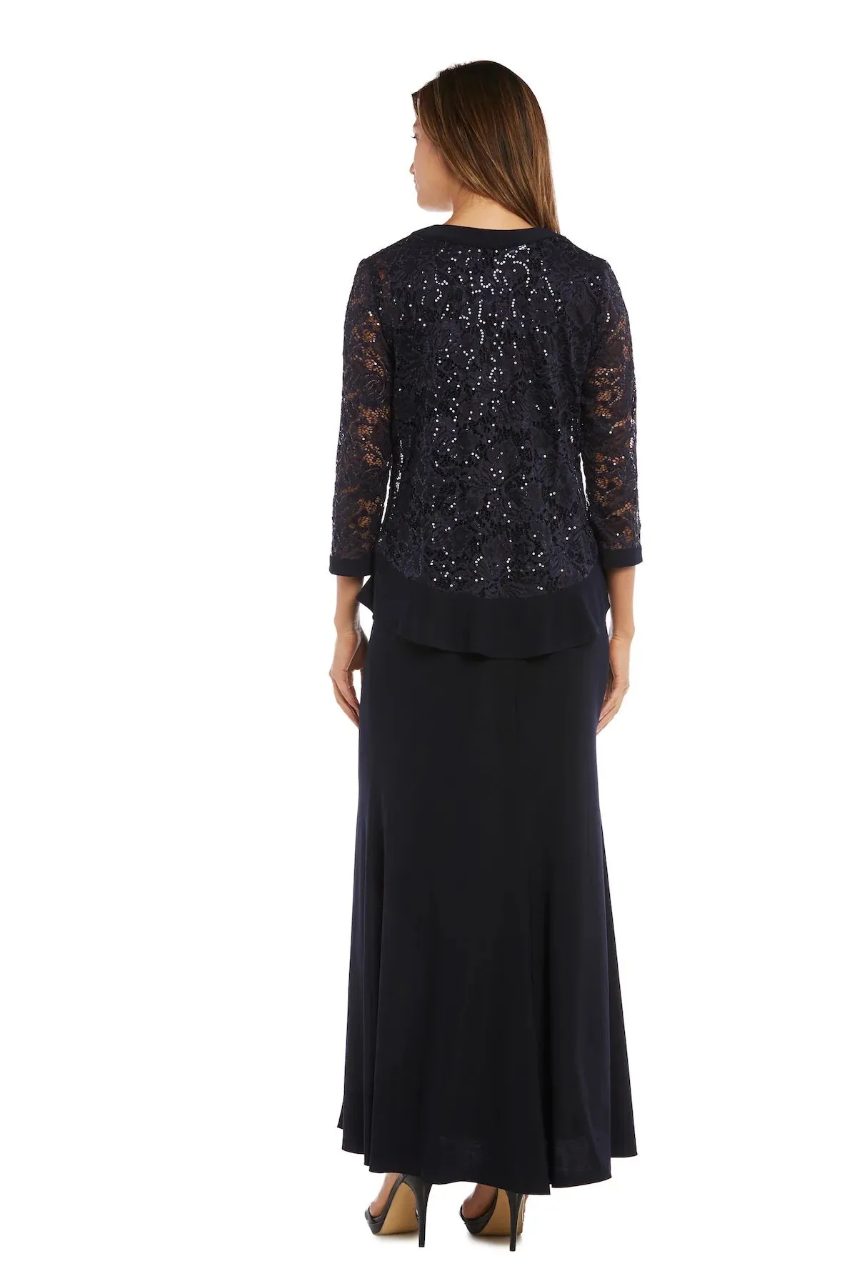 R&M Richards Women's 2 Piece Ruffled Lace Jacket Long Dress