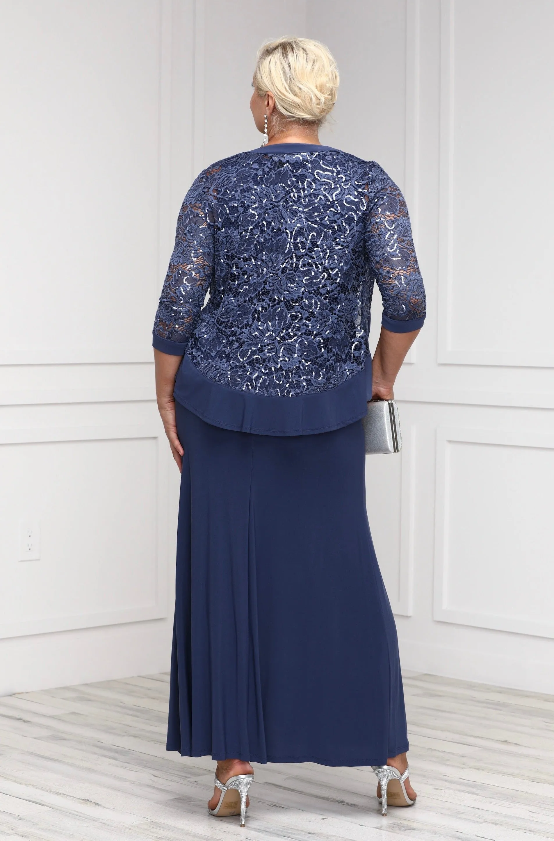 R&M Richards Women's 2 Piece Ruffled Lace Jacket Long Dress