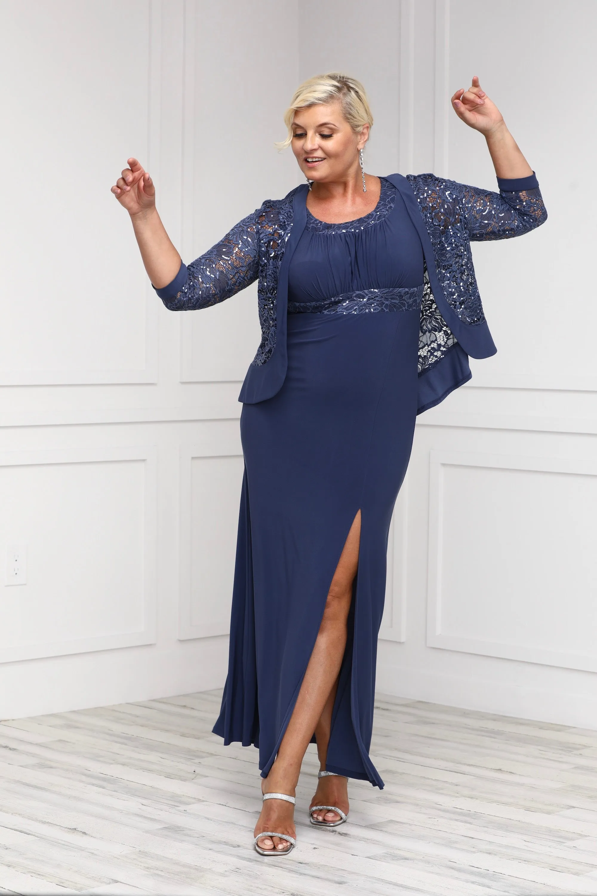 R&M Richards Women's 2 Piece Ruffled Lace Jacket Long Dress