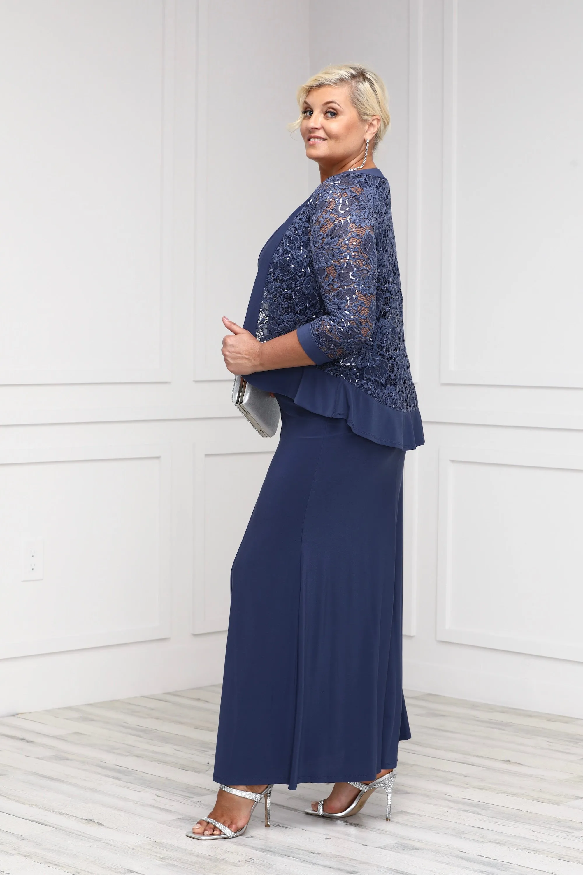 R&M Richards Women's 2 Piece Ruffled Lace Jacket Long Dress